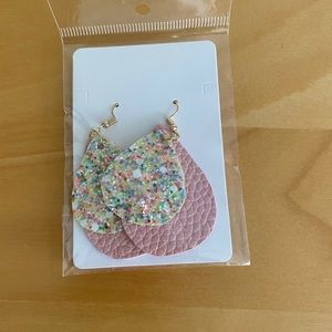 Glitter and pink faux leather teardrop earrings
